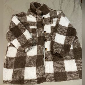 Brown and white plaid fuzzy jacket